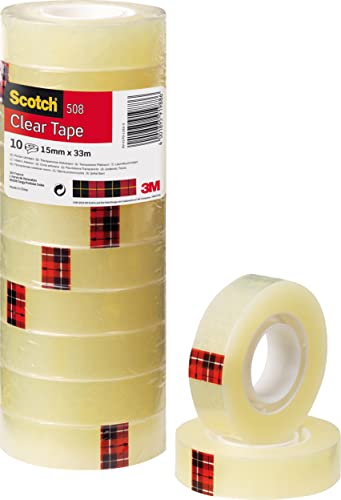 Scotch Cinta Adhesiva Transparente - 10 rollos - 15mm x 33m - Cinta Adhesiva para Uso General para el Colegio, el Hogar y la Oficina