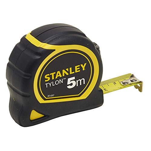 Stanley 0-30-697 - Flexómetro Tylon de 5 m x 19 mm, Estuche ergonómico de doble material, Cinta de acero lacado, Gancho de 2 remaches, Posición cero real, Clip para cinturón, Negro
