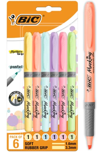 BIC Highlighter Grip Pastel Marcadores de Punta Biselada Regulable - Colores surtidos, Pack de 6 subrayadores pastel, Óptimo para Material Escolar y de Oficina