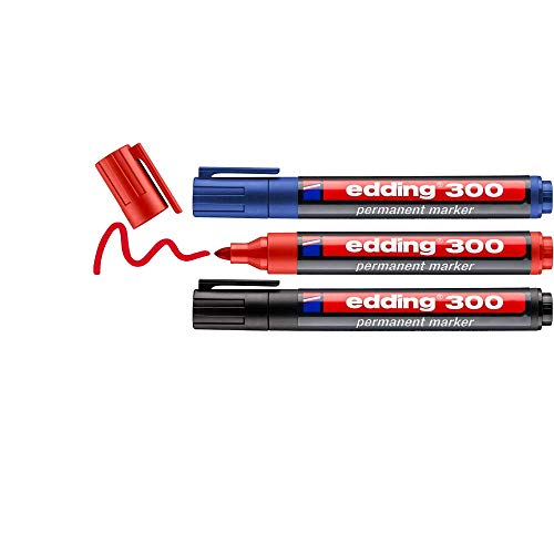 edding 300 marcador permanente - negro, rojo, azul - 3 rotuladores- punta redonda 1,5-3 mm - resistente al agua,de secado rápido,rotuladores indelebles - para cartón,plástico,vidrio, madera, metal