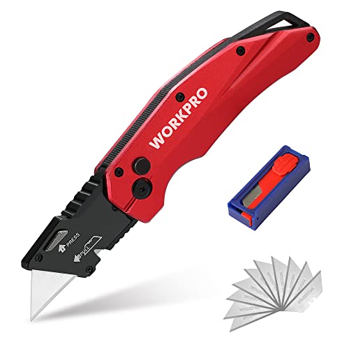 WORKPRO Cutter plegable, cortador de SK5 de cambio rápido, cuchillo utilitario, 10 cuchillas adicionales incluidas, con cambio rápido y clip para cinturón,Rojo