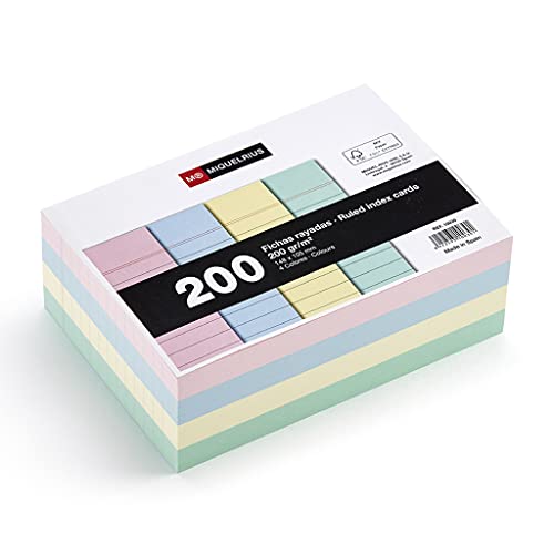 Miquelrius - Flashcards Tarjetas para Estudio, 200 Fichas para Notas, Rayas Horizontales, Tamaño A6, 105 x 148 mm, Colores Pastel