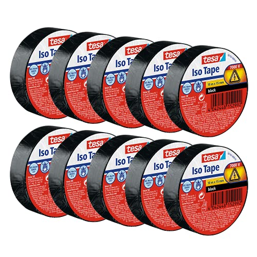 tesa - Cinta aislante reparadora adhesiva, resistente al calor, para aislar cables eléctricos, 10 m x 15 mm, paquete de 10 Rollos, color negro