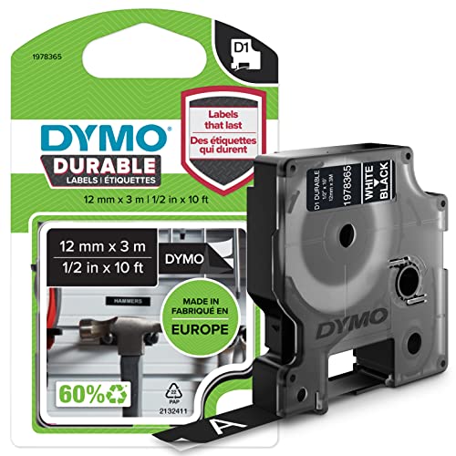Dymo D1 cinta de etiquetado resistente para LabelManager rotuladoras, cinta con impresión en blanco y fondo negro, 12 mm de ancho x 3 m de largo (1978365)
