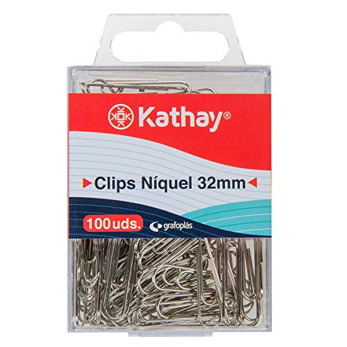 Kathay 86400180. Caja de 100 Clips, 32mm, Niquel, Color Plata