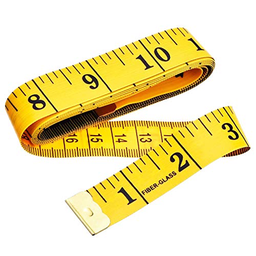 Cinta métrica blanda de doble cara para medir el cuerpo (la circunferencia del pecho/la cintura). Herramienta de costura, 150 cm. Color amarillo, y números, rayas y letras de color negro