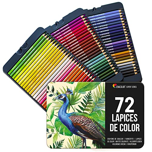 Zenacolor 72 Lápices de Colores (Numerado) con Caja de Metal 72 Colores Únicos para Libro de Colorear para Adultos - Fácil Acceso con 3 Bandejas - Regalo Ideal para Artistas y Adultos